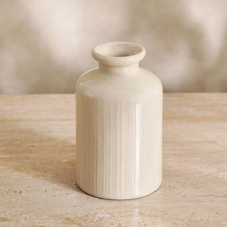 White Ceramic Vase – Ribbed Cylinder